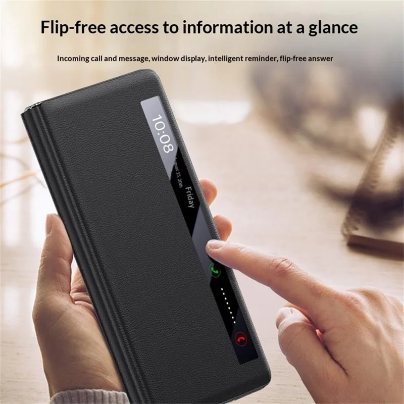 For Honor Magic V6 5G Case Smart View Window Leather Phone Cover with Metal Lens Kickstand - Black