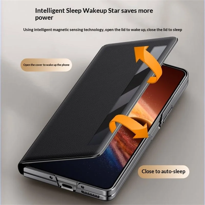 For Honor Magic V6 5G Case Smart View Window Leather Phone Cover with Metal Lens Kickstand - Black