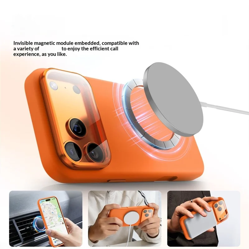 Magnetic Case for iPhone 17 Pro  /  16 Pro Liquid Silicone Mobile Cover with Lens Protector Kickstand Compatible with MagSafe - Orange