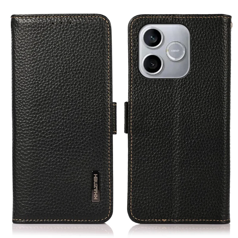 KHAZNEH for Honor 600 Lite 5G Phone Case Litchi Texture Genuine Cow Leather Cover RFID Blocking - Black