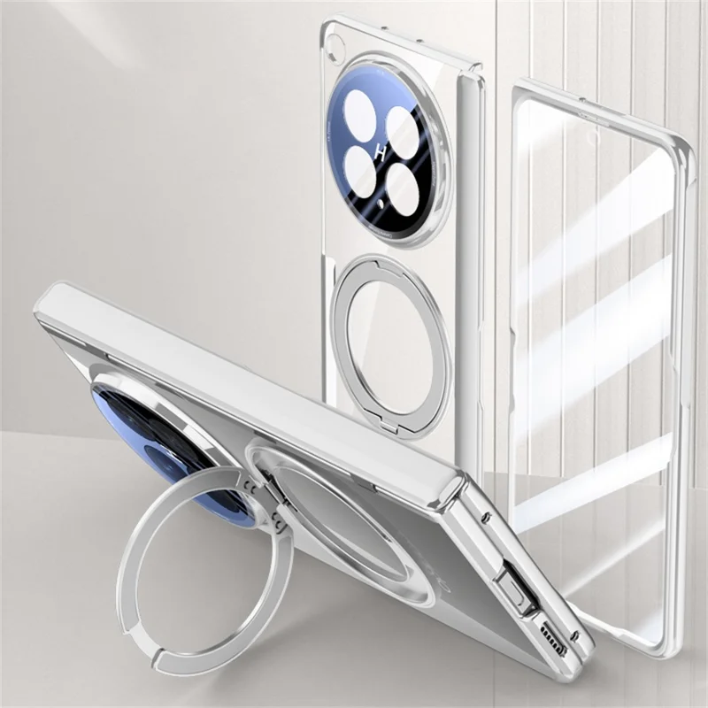 For Oppo Find N6 5G Magnetic Case Kickstand Electroplated PC Phone Cover Built-In Screen Protector - Silver