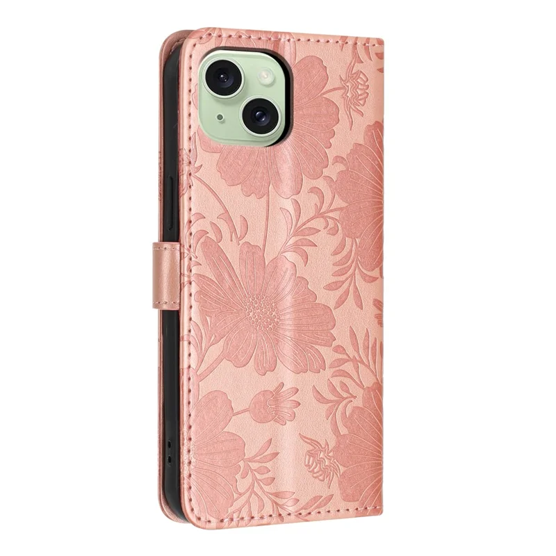 Wallet Case For iPhone 14  /  13 Imprint Floral PU Leather Stand Flip Phone Cover with Wrist Strap - Rose Gold