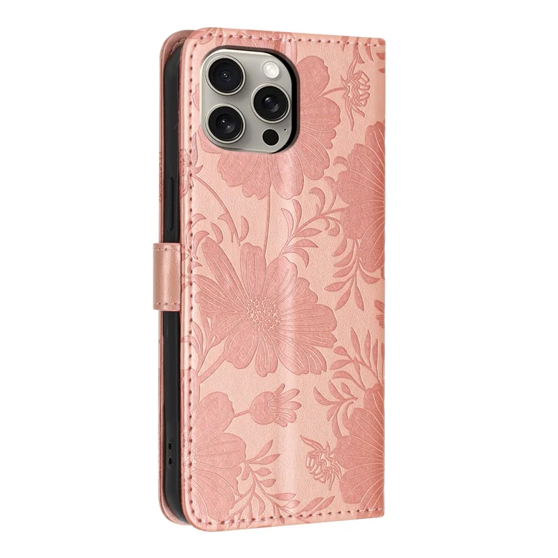 For iPhone 15 Pro Max Wallet Case Imprint Floral PU Leather Stand Flip Phone Cover with Wrist Strap - Rose Gold