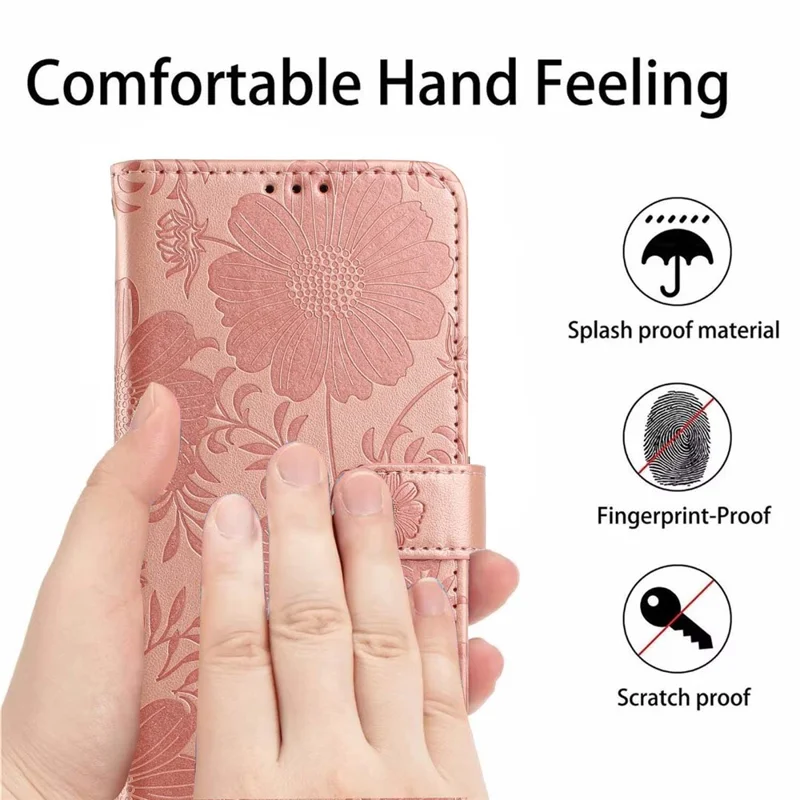 For iPhone 16 Wallet Case Imprint Floral PU Leather Stand Flip Phone Cover with Wrist Strap - Rose Gold