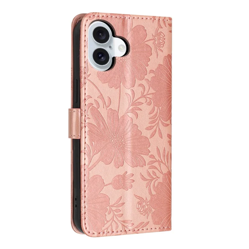 For iPhone 16 Wallet Case Imprint Floral PU Leather Stand Flip Phone Cover with Wrist Strap - Rose Gold