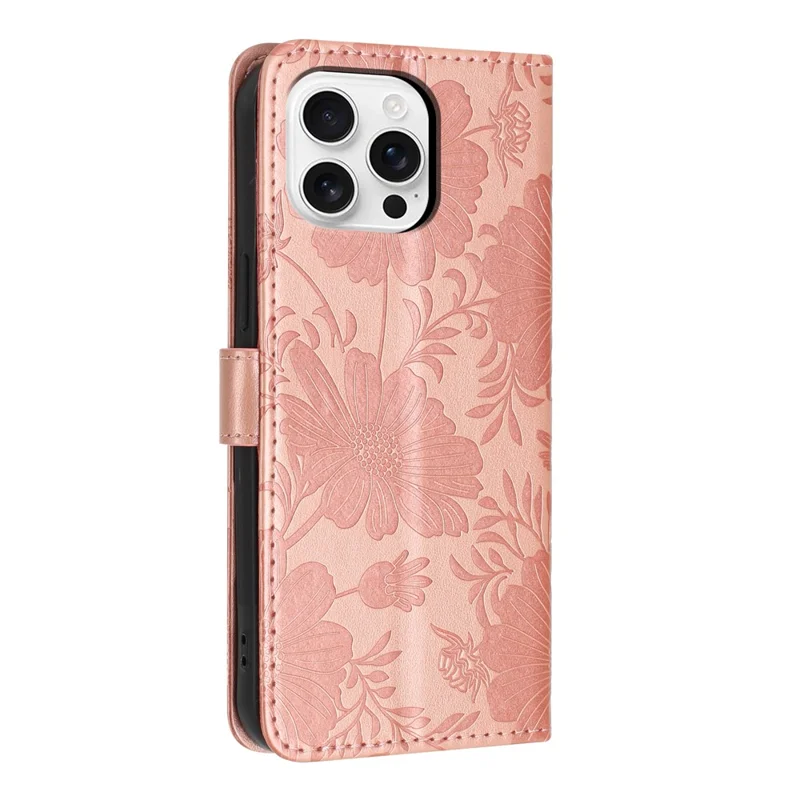 For iPhone 16 Pro Wallet Case Imprint Floral PU Leather Stand Flip Phone Cover with Wrist Strap - Rose Gold