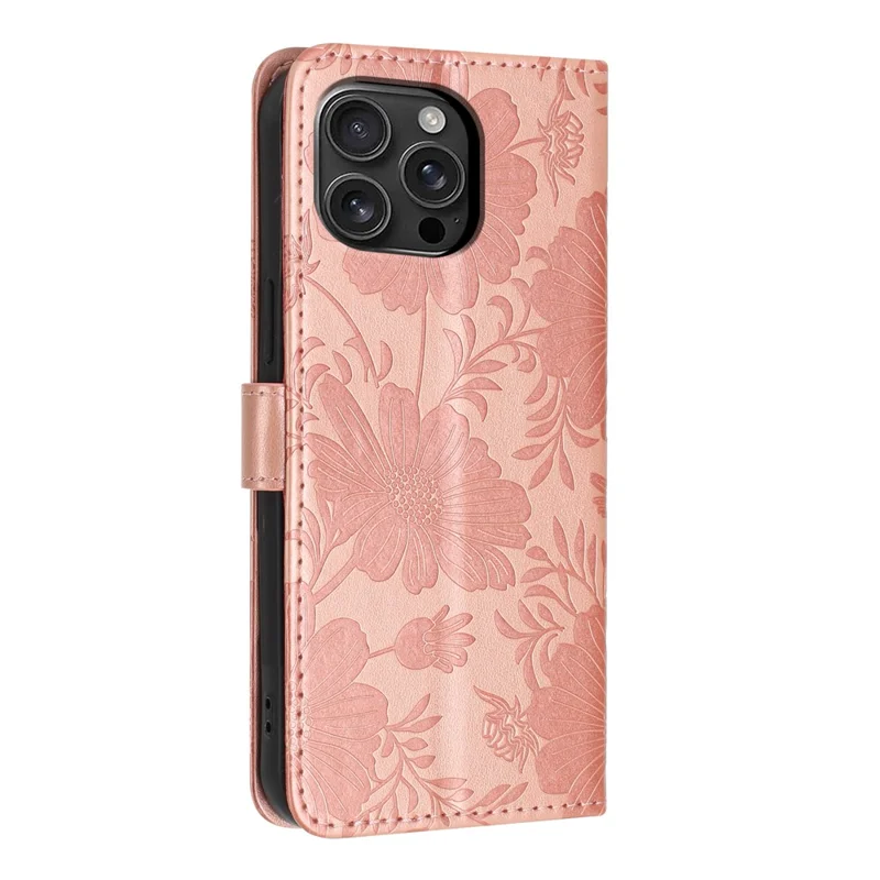 For iPhone 16 Pro Max Wallet Case Imprint Floral PU Leather Stand Flip Phone Cover with Wrist Strap - Rose Gold