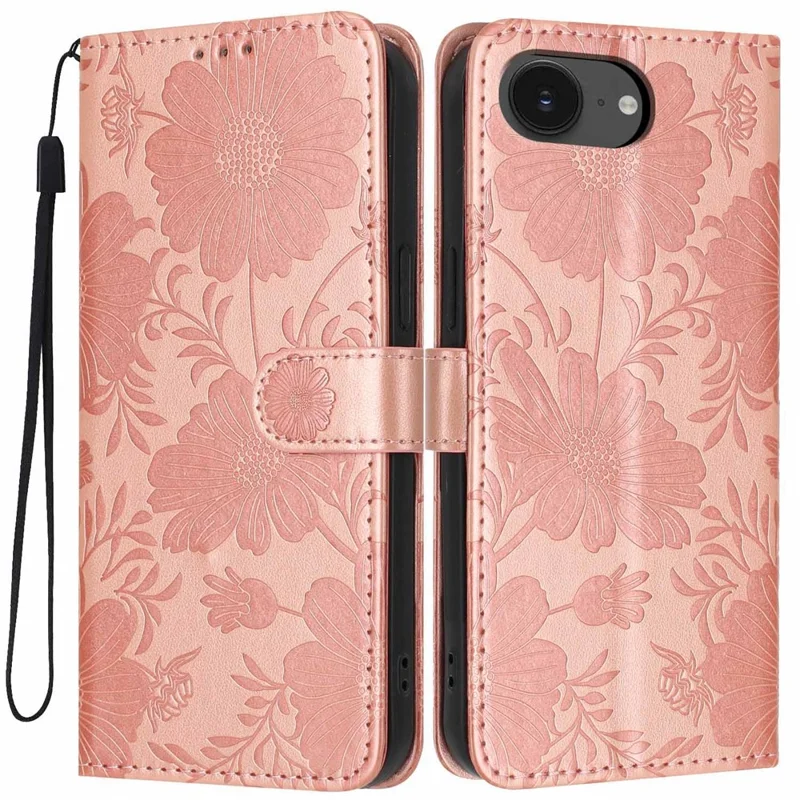 Wallet Case For iPhone 17e  /  16e Imprint Floral PU Leather Stand Flip Phone Cover with Wrist Strap - Rose Gold