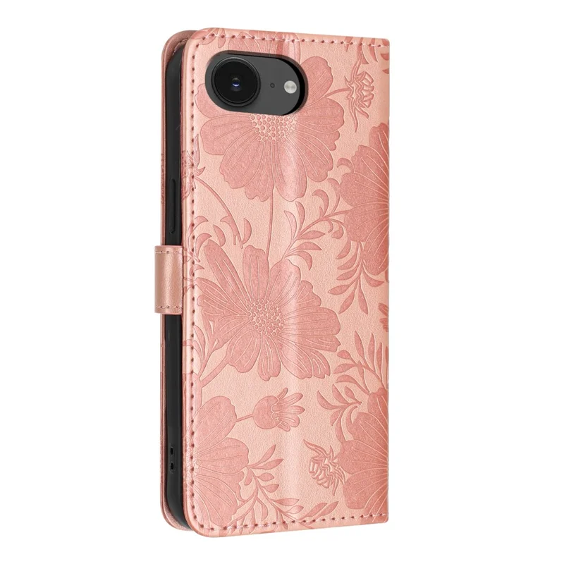 Wallet Case For iPhone 17e  /  16e Imprint Floral PU Leather Stand Flip Phone Cover with Wrist Strap - Rose Gold