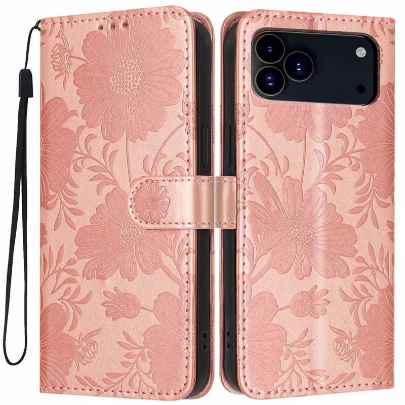 For iPhone 17 Pro Max Wallet Case Imprint Floral PU Leather Stand Flip Phone Cover with Wrist Strap - Rose Gold