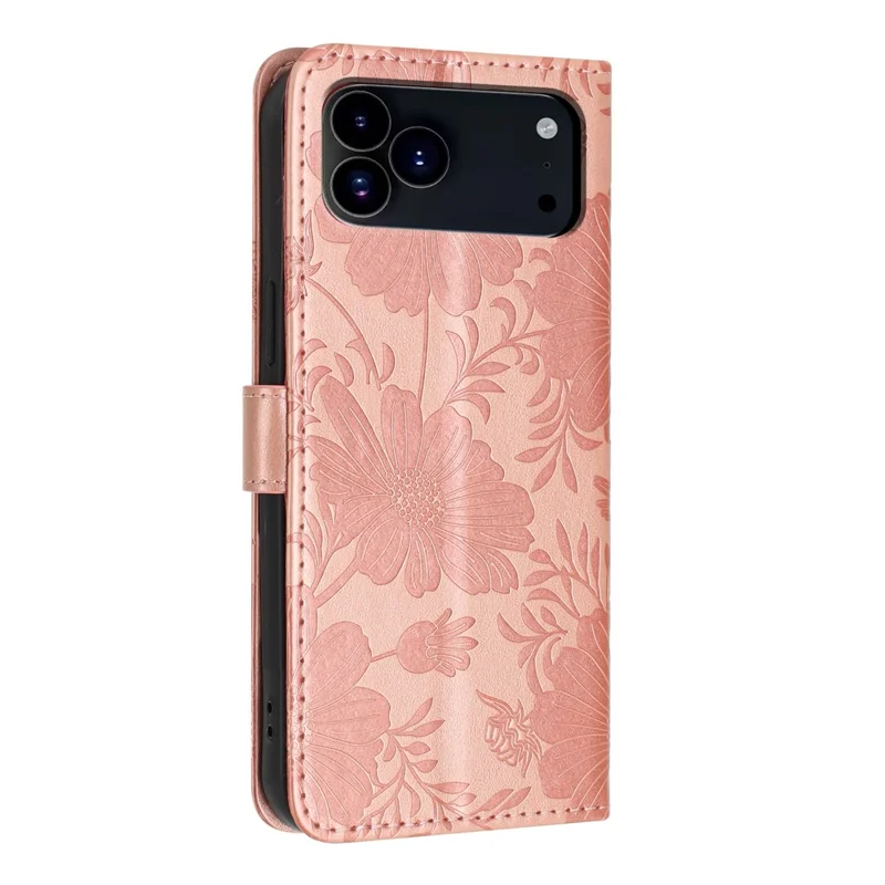 For iPhone 17 Pro Max Wallet Case Imprint Floral PU Leather Stand Flip Phone Cover with Wrist Strap - Rose Gold