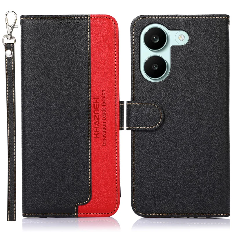 KHAZNEH Leather Case for Xiaomi Redmi Turbo 5 5G  /  Poco X8 Pro 5G RFID Blocking Wallet Litchi Texture PU Phone Cover with Strap - Black