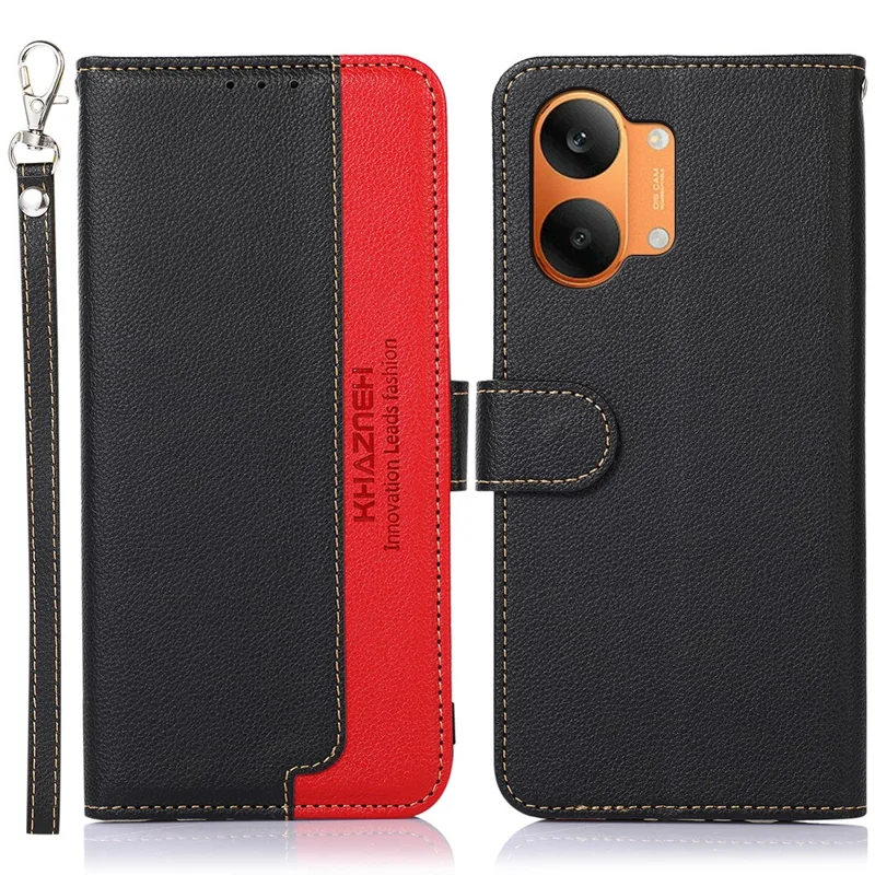 KHAZNEH Leather Case for Xiaomi Poco X8 Pro Max 5G  /  Redmi Turbo 5 Max 5G RFID Blocking Wallet Litchi Texture PU Phone Cover with Strap - Black