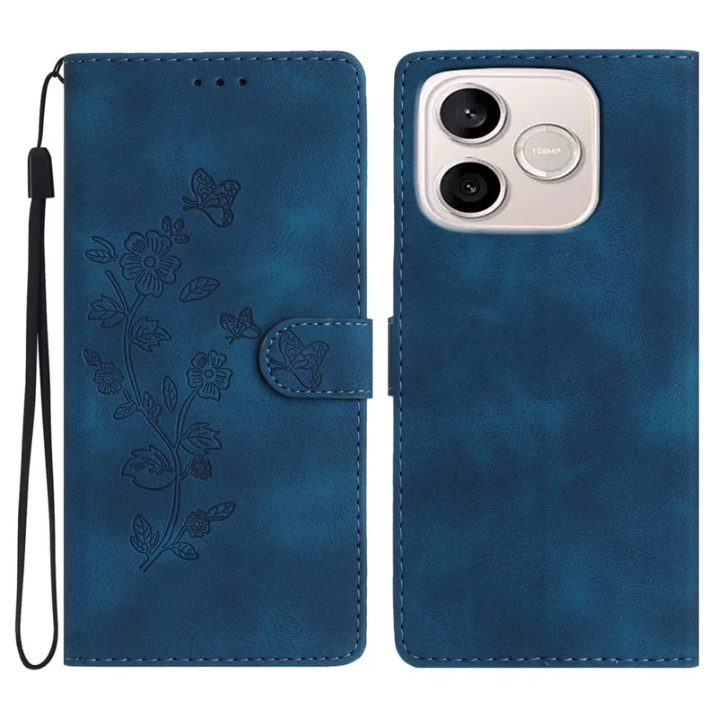 Leather Case For Honor 600 Lite 5G Imprinted Flower Phone Cover with Wrist Strap - Blue