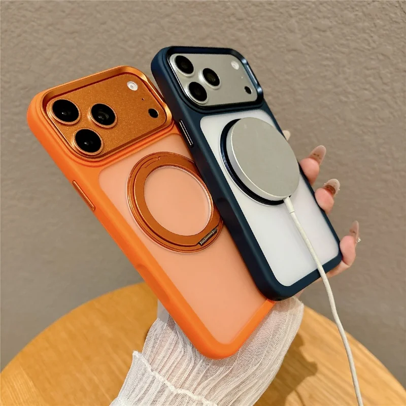 For iPhone 17 Pro Magnetic Case with Tempered Glass 360° Ring Kickstand Matte Translucent Cover Compatible with MagSafe - Orange