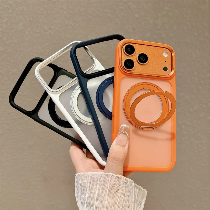 For iPhone 17 Pro Magnetic Case with Tempered Glass 360° Ring Kickstand Matte Translucent Cover Compatible with MagSafe - Orange