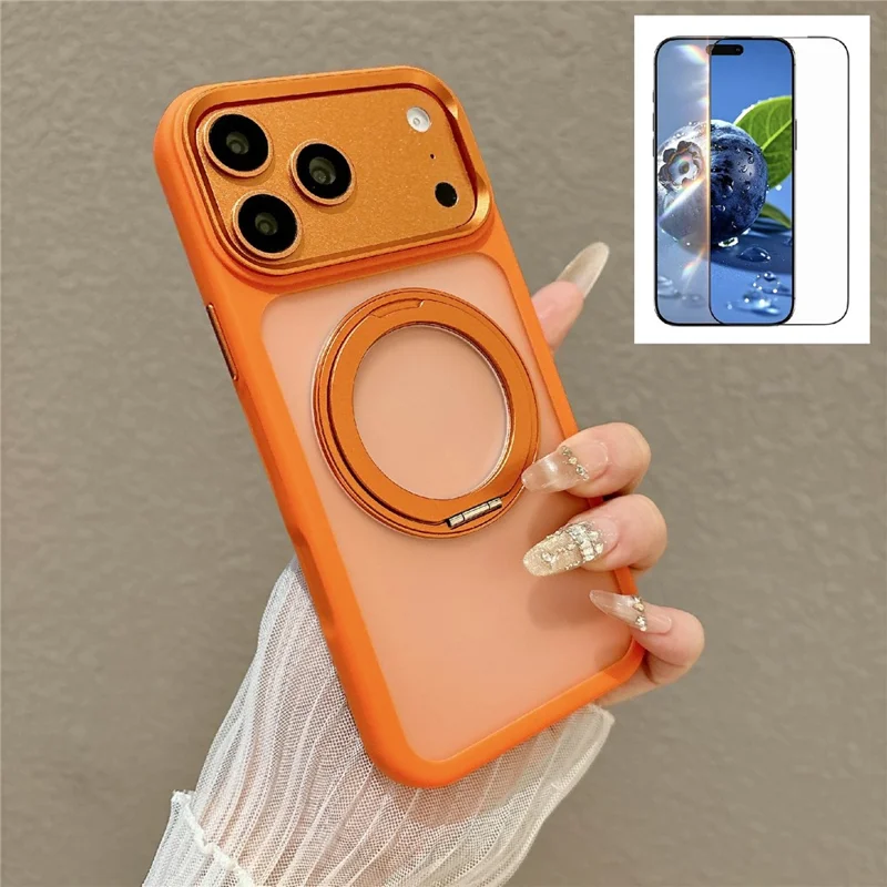 For iPhone 17 Pro Max Magnetic Case with Tempered Glass 360° Ring Kickstand Matte Translucent Cover Compatible with MagSafe - Orange