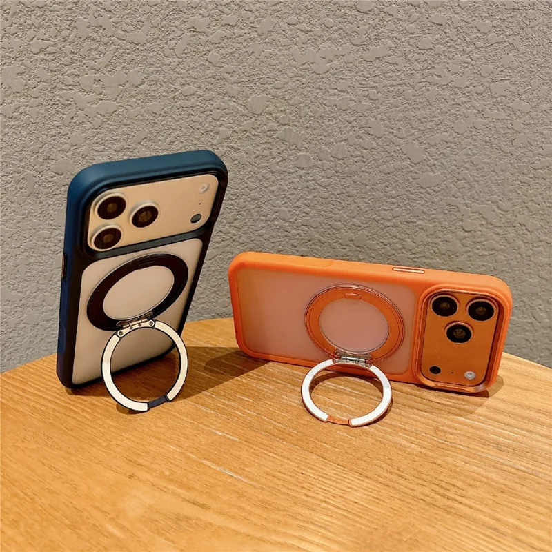 For iPhone 17 Pro Max Magnetic Case with Tempered Glass 360° Ring Kickstand Matte Translucent Cover Compatible with MagSafe - Orange