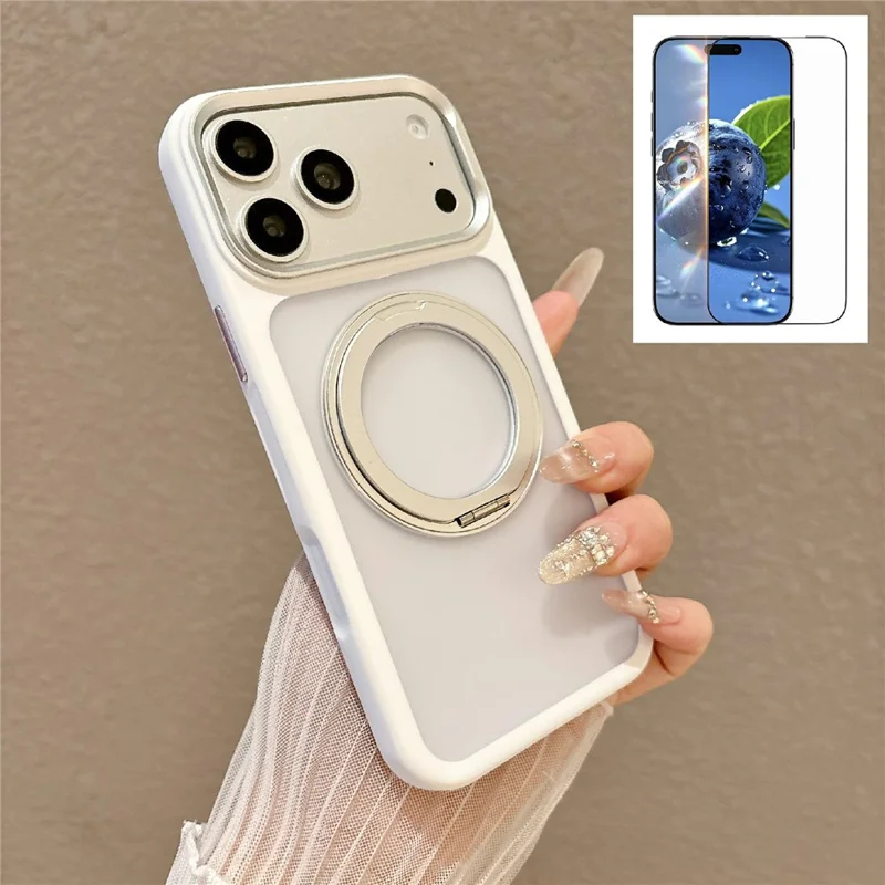 For iPhone 17 Pro Max Magnetic Case with Tempered Glass 360° Ring Kickstand Matte Translucent Cover Compatible with MagSafe - White