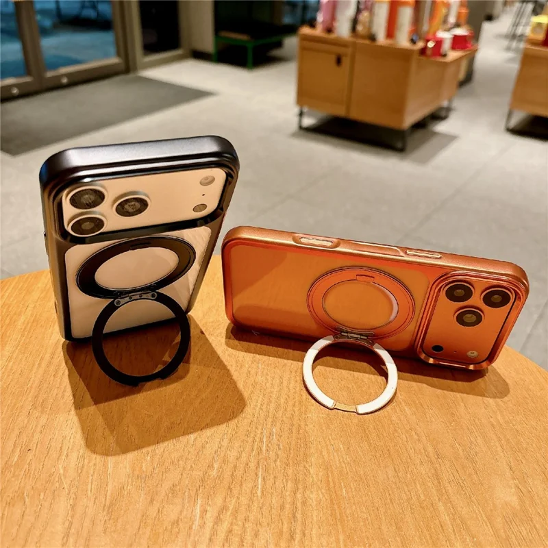 For iPhone 17 Pro Magnetic Case with Tempered Glass 360° Ring Kickstand  Electroplated PC TPU Phone Cover Compatible with MagSafe - Orange