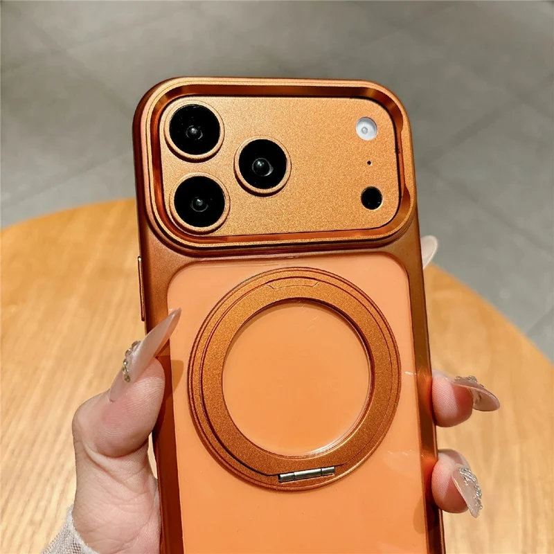 For iPhone 17 Pro Magnetic Case with Tempered Glass 360° Ring Kickstand  Electroplated PC TPU Phone Cover Compatible with MagSafe - Orange