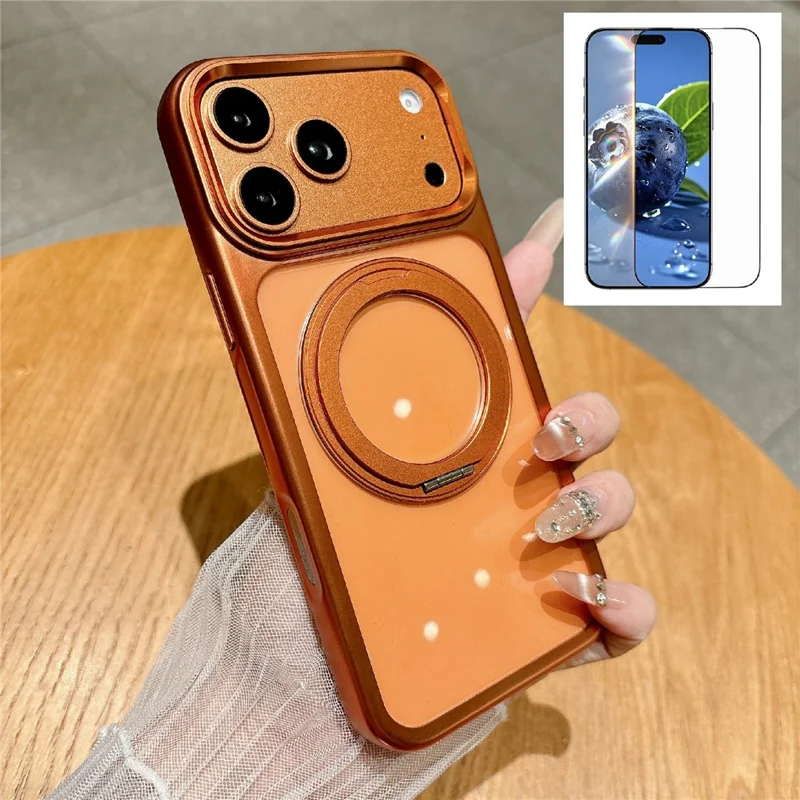 For iPhone 17 Pro Max Magnetic Case with Tempered Glass 360° Ring Kickstand  Electroplated PC TPU Phone Cover Compatible with MagSafe - Orange