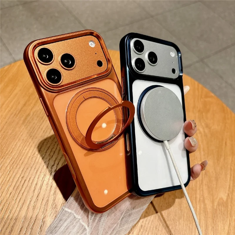 For iPhone 17 Pro Max Magnetic Case with Tempered Glass 360° Ring Kickstand  Electroplated PC TPU Phone Cover Compatible with MagSafe - Orange