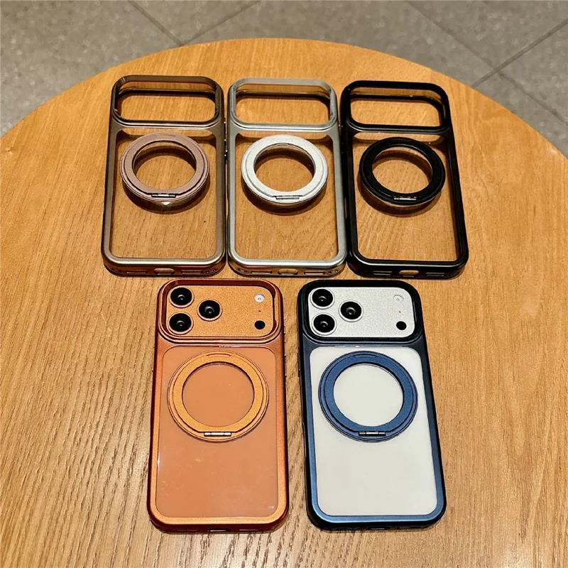 For iPhone 17 Pro Max Magnetic Case with Tempered Glass 360° Ring Kickstand  Electroplated PC TPU Phone Cover Compatible with MagSafe - Orange