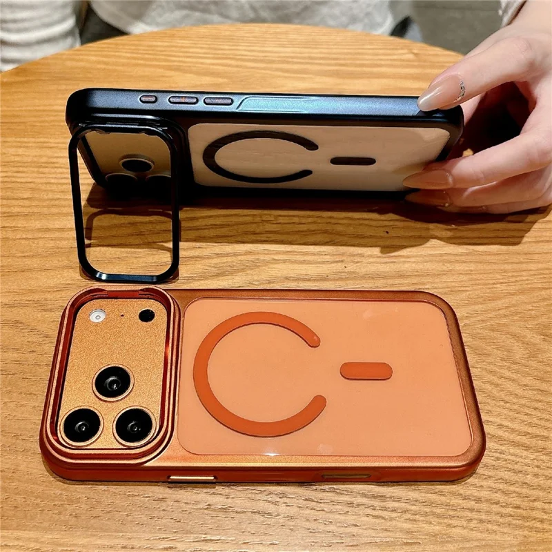 For iPhone 17 Pro Magnetic Case with Tempered Glass Screen Protector Lens Kickstand Electroplated Phone Cover Compatible with MagSafe - Orange