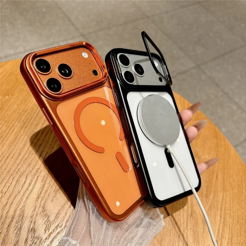 For iPhone 17 Pro Magnetic Case with Tempered Glass Screen Protector Lens Kickstand Electroplated Phone Cover Compatible with MagSafe - Orange