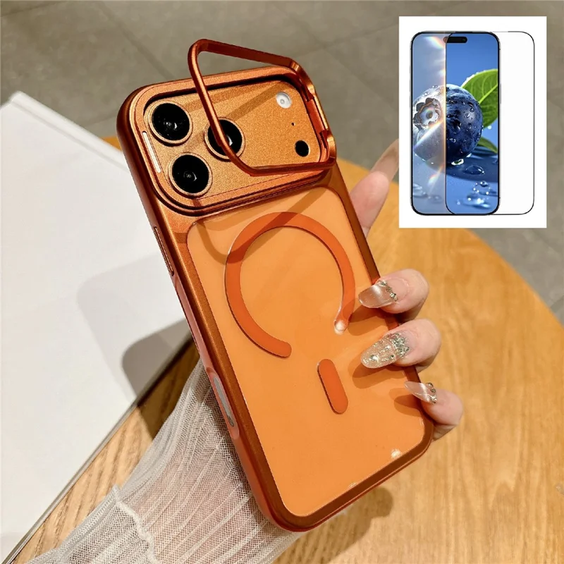 For iPhone 17 Pro Max Magnetic Case with Tempered Glass Screen Protector Lens Kickstand Electroplated Phone Cover Compatible with MagSafe - Orange