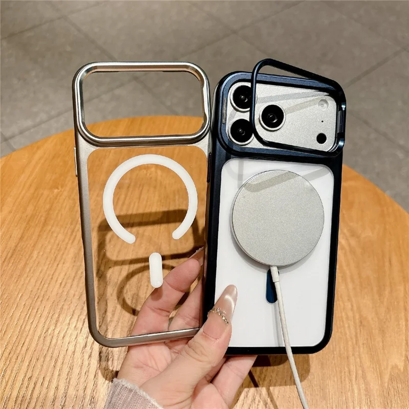 For iPhone 17 Pro Max Magnetic Case with Tempered Glass Screen Protector Lens Kickstand Electroplated Phone Cover Compatible with MagSafe - Orange