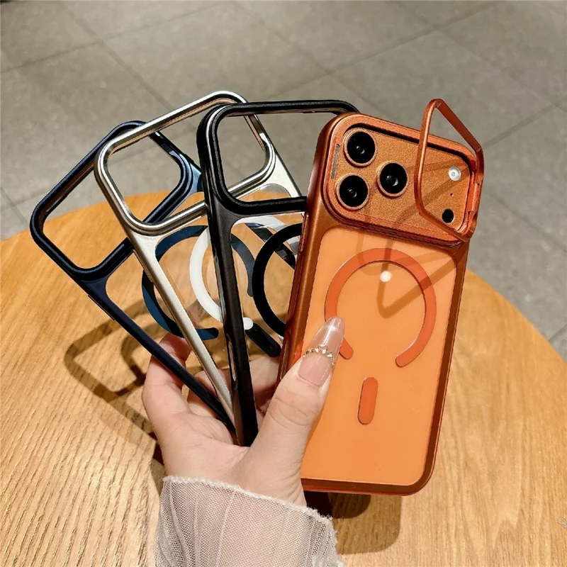 For iPhone 17 Pro Max Magnetic Case with Tempered Glass Screen Protector Lens Kickstand Electroplated Phone Cover Compatible with MagSafe - Orange