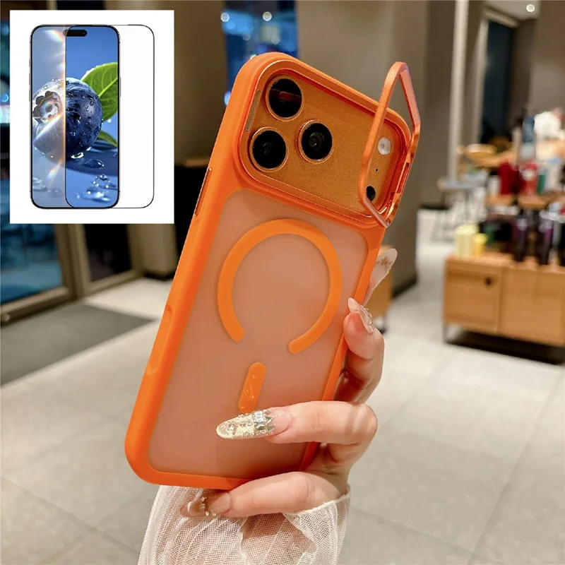 For iPhone 17 Pro Max Magnetic Case with Tempered Glass Screen Protector Lens Kickstand Frosted Shockproof Cover - Orange