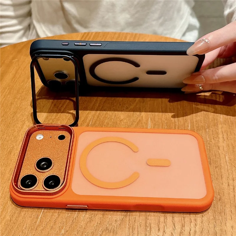 For iPhone 17 Pro Max Magnetic Case with Tempered Glass Screen Protector Lens Kickstand Frosted Shockproof Cover - Orange