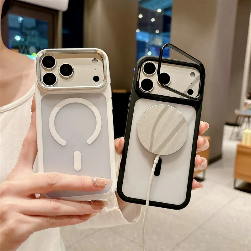 For iPhone 17 Pro Max Magnetic Case with Tempered Glass Screen Protector Lens Kickstand Frosted Shockproof Cover - Orange