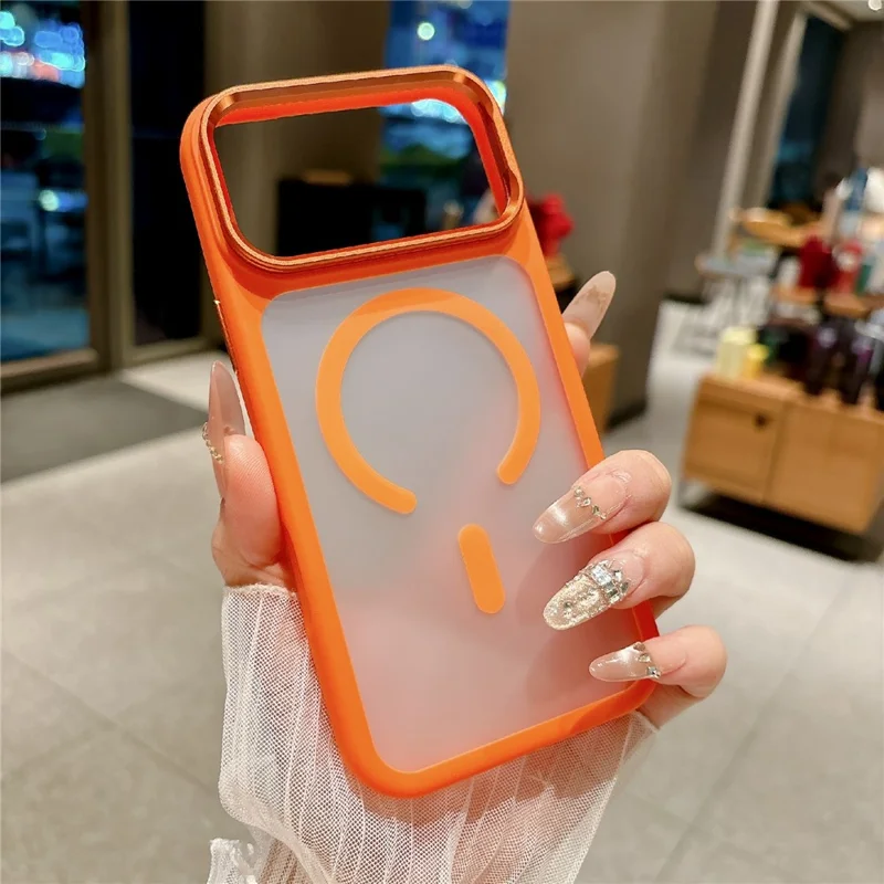For iPhone 17 Pro Magnetic Case with Tempered Glass Screen Protector Lens Kickstand Frosted Shockproof Cover - Orange