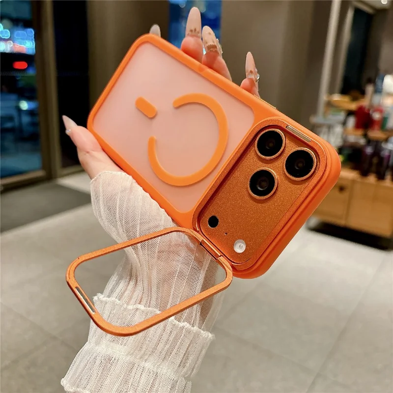 For iPhone 17 Pro Magnetic Case with Tempered Glass Screen Protector Lens Kickstand Frosted Shockproof Cover - Orange