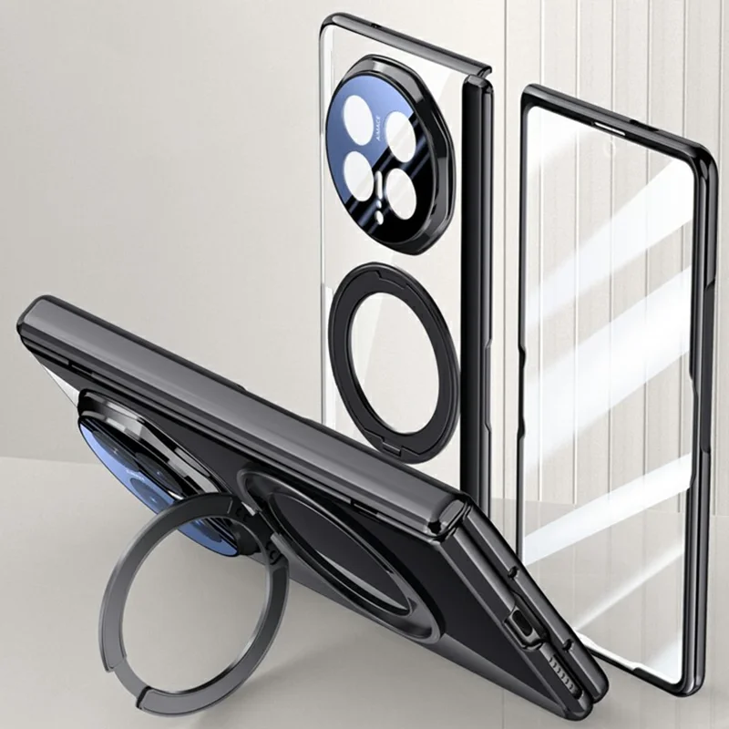 For Honor Magic V6 5G Fold Magnetic Case Kickstand Electroplated PC Phone Cover Built-In Screen Protector - Black