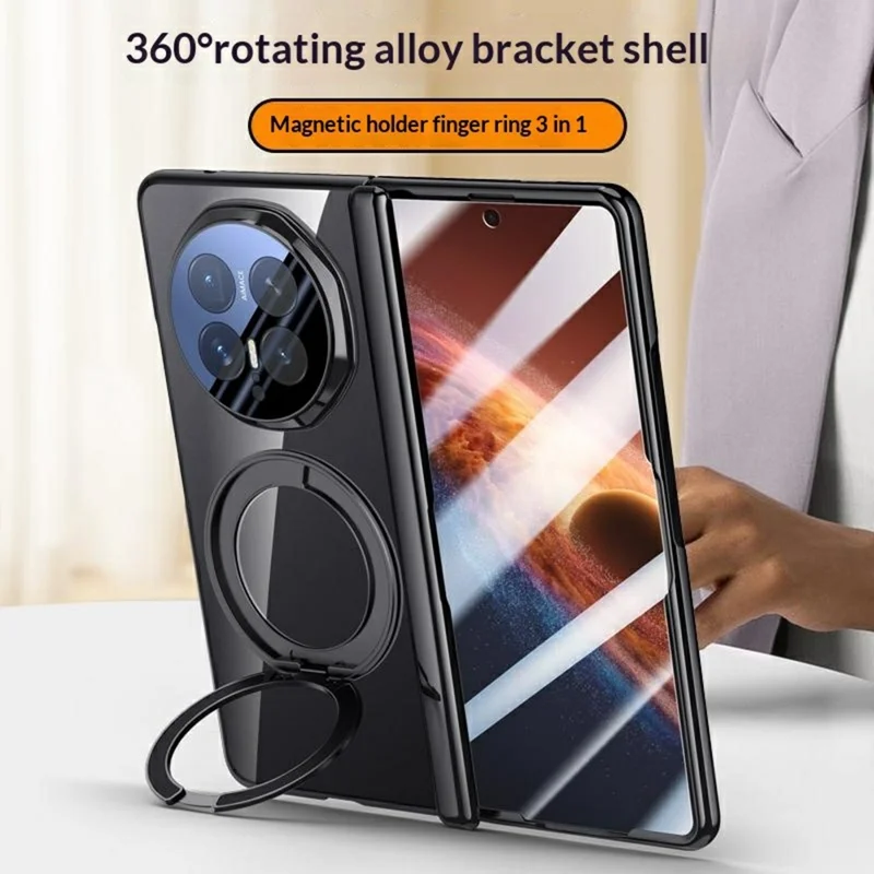 For Honor Magic V6 5G Fold Magnetic Case Kickstand Electroplated PC Phone Cover Built-In Screen Protector - Black