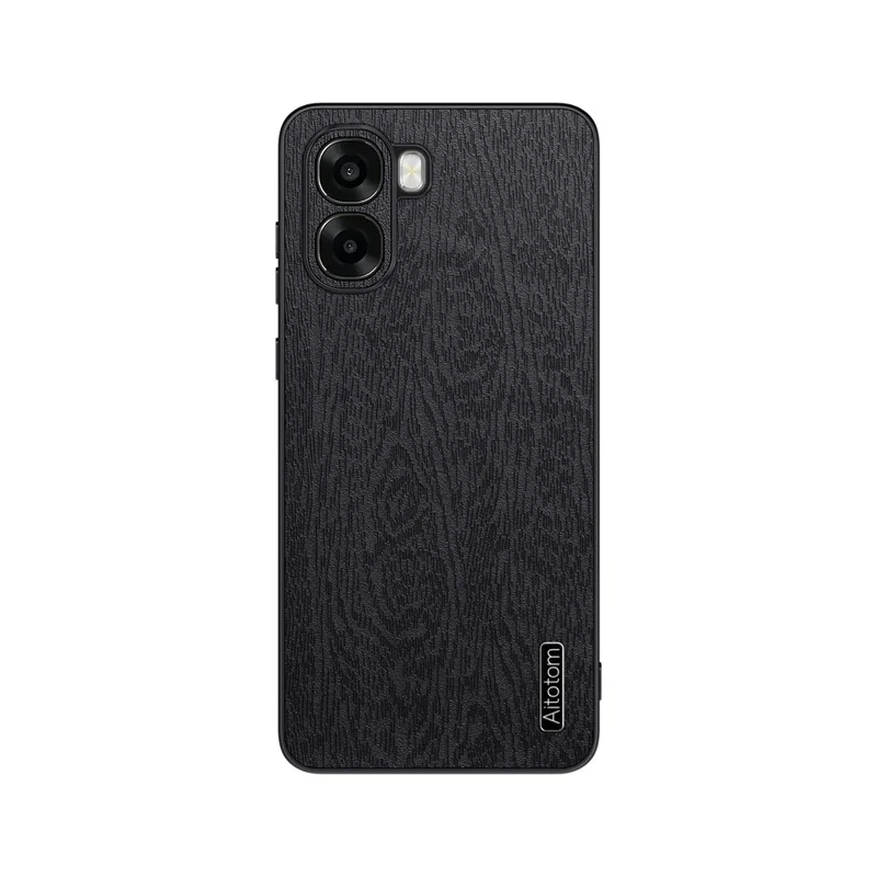 For Oppo A6x 4G  /  Oppo A6x 5G Case Wood Texture PU Leather Coated PC TPU Phone Cover - Black