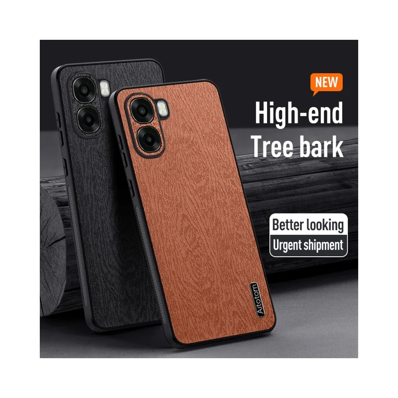 For Oppo A6x 4G  /  Oppo A6x 5G Case Wood Texture PU Leather Coated PC TPU Phone Cover - Black