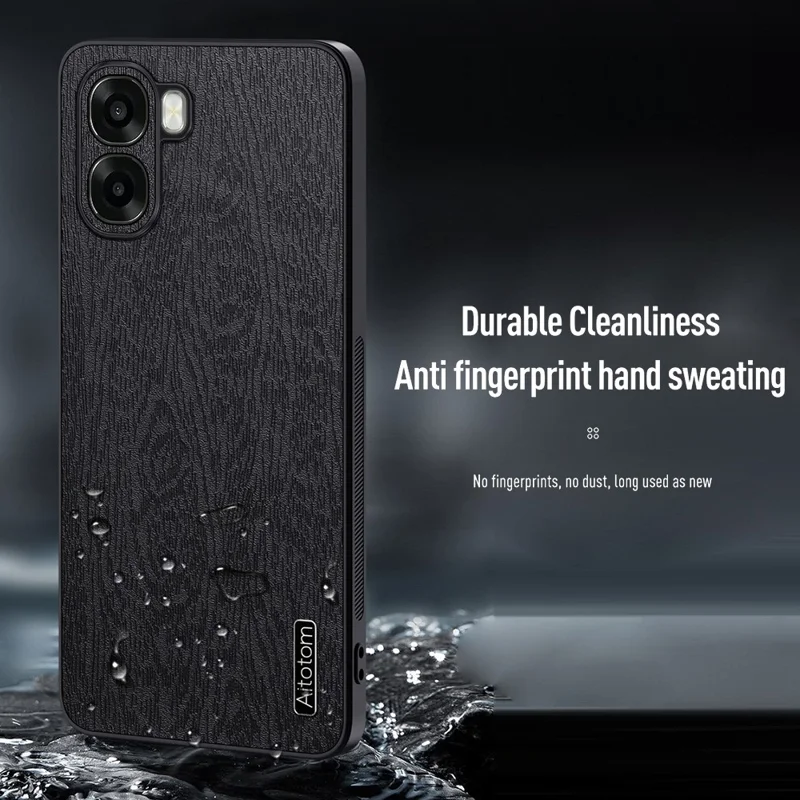 For Oppo A6x 4G  /  Oppo A6x 5G Case Wood Texture PU Leather Coated PC TPU Phone Cover - Black