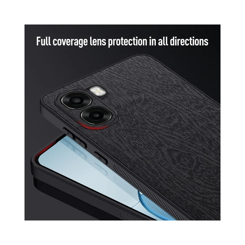 For Oppo A6x 4G  /  Oppo A6x 5G Case Wood Texture PU Leather Coated PC TPU Phone Cover - Black