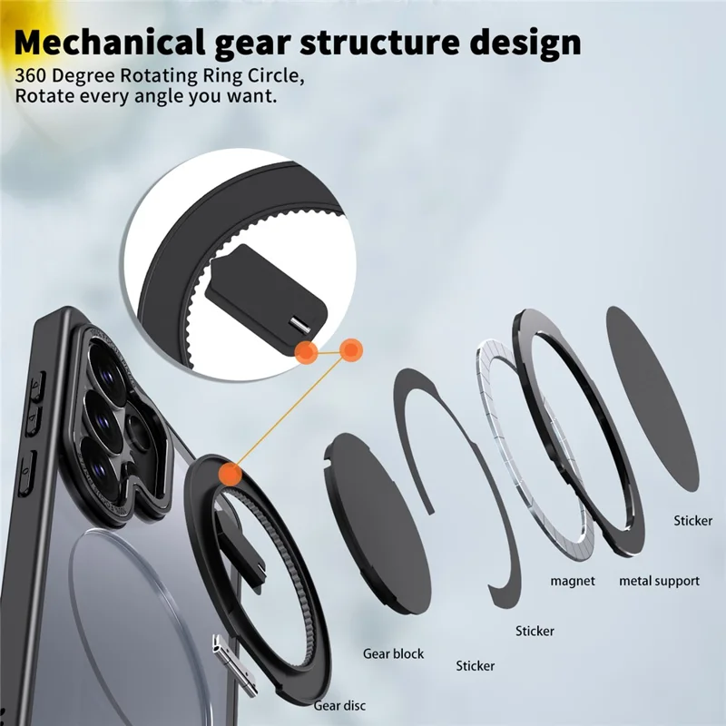 For Samsung Galaxy S26 Ultra Magnetic Case Hidden Gear Ring Kickstand Phone Cover - Black
