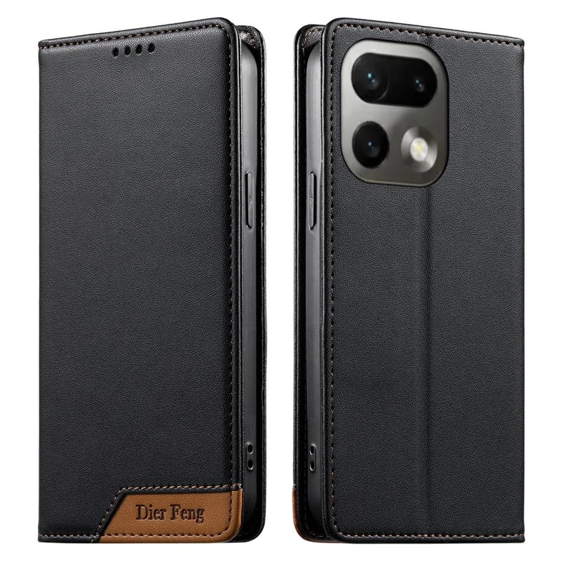 DIERFENG DF-018 for Realme 16 Pro 5G Case RFID Blocking Wallet Leather Phone Cover with Color Splicing Logo Corner - Black