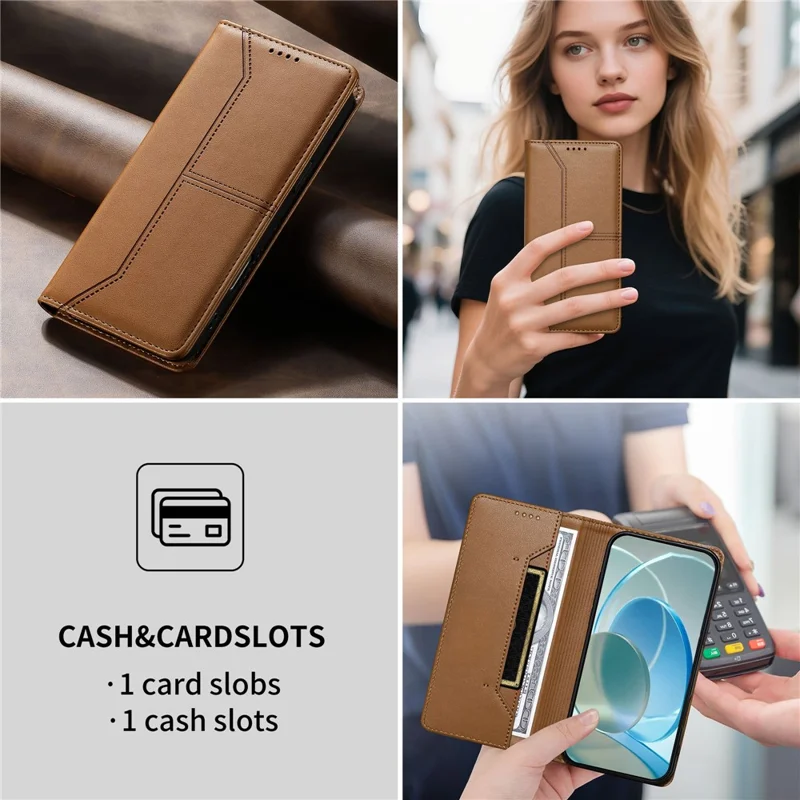 For Realme 16 Pro 5G Wallet Stand Case Line Splicing TPU PU Leather Phone Cover - Brown