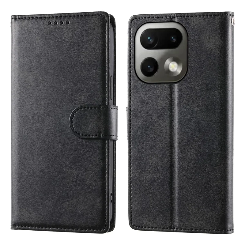 Phone Case For Realme 16 Pro 5G Stand Wallet Calf Texture PU Leather Flip Phone Cover with Wrist Strap - Black
