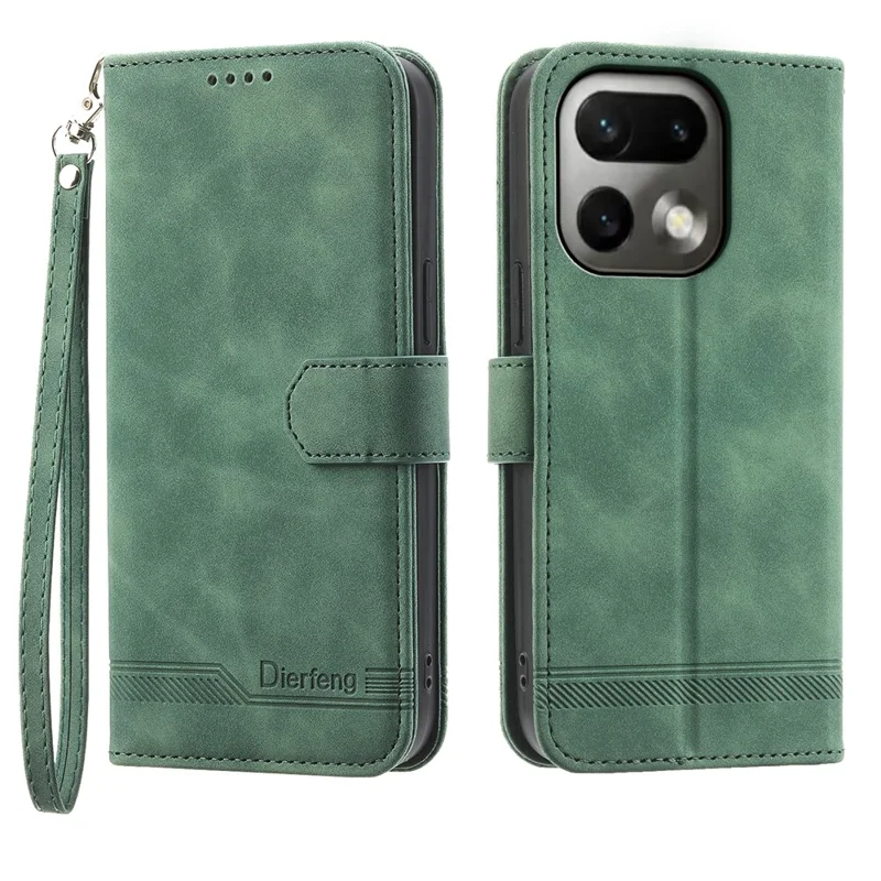 DIERFENG DF-03 For Realme 16 Pro 5G Leather Case Lines Imprint Wallet Phone Cover with Wrist Strap - Green