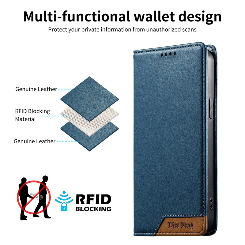 DIERFENG DF-018 for Realme C83 5G Case RFID Blocking Wallet Leather Phone Cover with Color Splicing Logo Corner - Blue